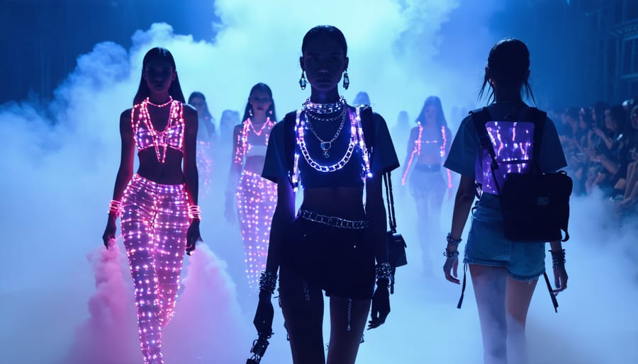 Models on a high-fashion runway wearing vape-inspired accessories, including metallic chain necklaces and iridescent backpacks, set against a background of LED lights that evoke vapor clouds.