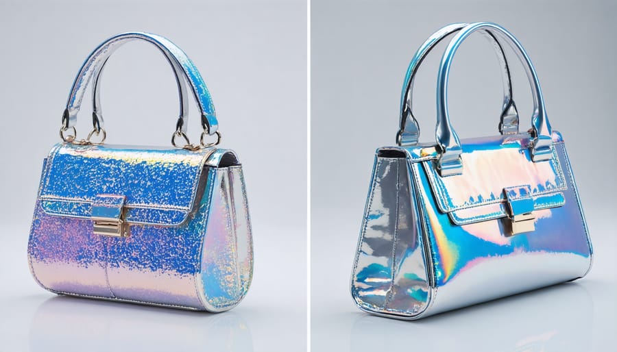 Display of holographic handbags featuring vape-inspired metallic elements