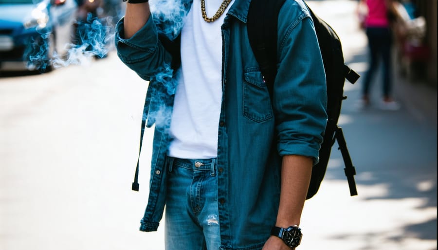 Street fashion example of vape-inspired accessories styled with casual wear