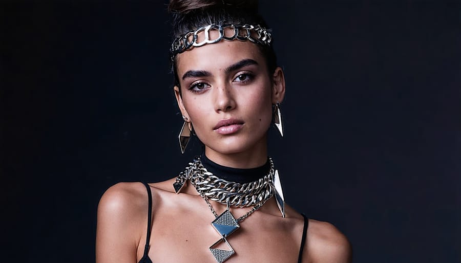 Model showcasing modern metallic chain necklaces with geometric vape-inspired designs