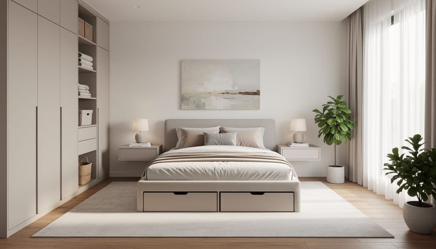 Tidy bedroom corner with a minimal nightstand, wall hook, and under-bed storage bin