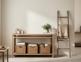 Organized entryway with a key tray, woven baskets under a console table, and a vintage ladder displaying folded throws, with a coffee station suggested in the softly blurred background.
