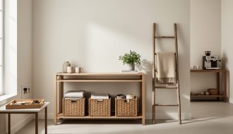 Organized entryway with a key tray, woven baskets under a console table, and a vintage ladder displaying folded throws, with a coffee station suggested in the softly blurred background.