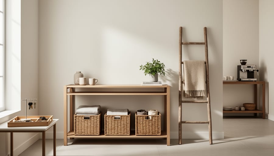Organized entryway with a key tray, woven baskets under a console table, and a vintage ladder displaying folded throws, with a coffee station suggested in the softly blurred background.