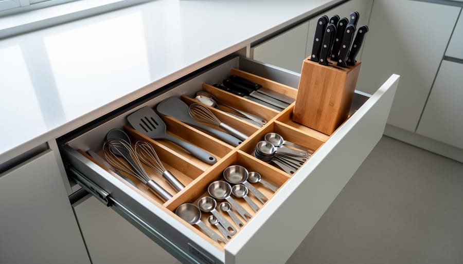 Opened kitchen drawer with neatly arranged utensils separated by dividers