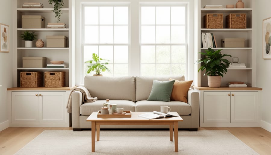 Living room with a neatly styled coffee table and woven storage baskets underneath for clutter-free organization