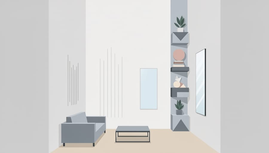 Small living space with tall shelving, wall hooks, and a mirror to add brightness and storage