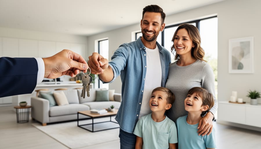 A family holding house keys in front of a front door in a modern UK home.