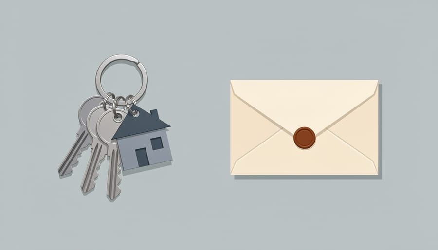 Close-up of a keyring next to sealed letters and an envelope near a front door.