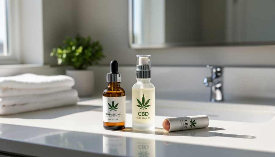 Close-up of hemp seed oil jar, CBD serum dropper, and hemp lip balm on a vanity counter in soft natural light