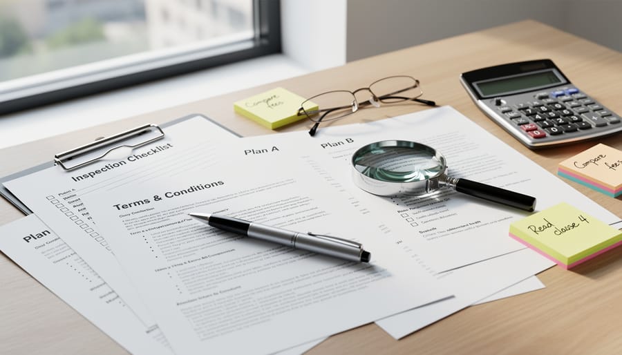 Documents and a clipboard laid out on a table in a living room, suggesting property checks and decision-making.