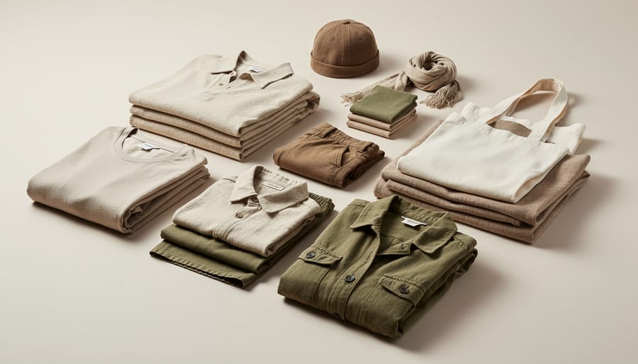 Folded hemp shirt, hemp tote bag, and hemp pants displayed on a wooden bench with fabric texture visible