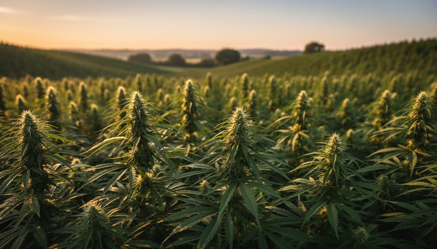 Golden-hour view of a hemp field with tall green stalks and dew, swaying in the breeze