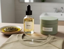 Glass hemp seed oil and skincare products on a vanity beside a folded neutral hemp-infused athleisure shirt, photographed in soft natural light.