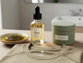 Glass hemp seed oil and skincare products on a vanity beside a folded neutral hemp-infused athleisure shirt, photographed in soft natural light.