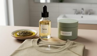 Glass hemp seed oil and skincare products on a vanity beside a folded neutral hemp-infused athleisure shirt, photographed in soft natural light.