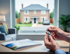 Homeowner’s hands holding keys in a bright UK living room with a suburban house visible through the window.