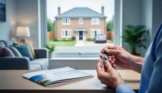 Homeowner’s hands holding keys in a bright UK living room with a suburban house visible through the window.