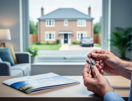 Homeowner’s hands holding keys in a bright UK living room with a suburban house visible through the window.