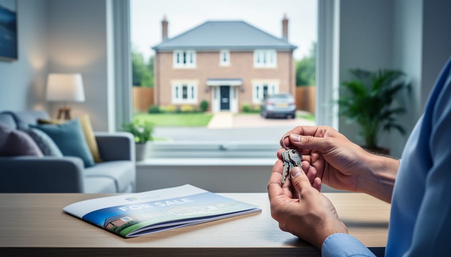 Homeowner’s hands holding keys in a bright UK living room with a suburban house visible through the window.