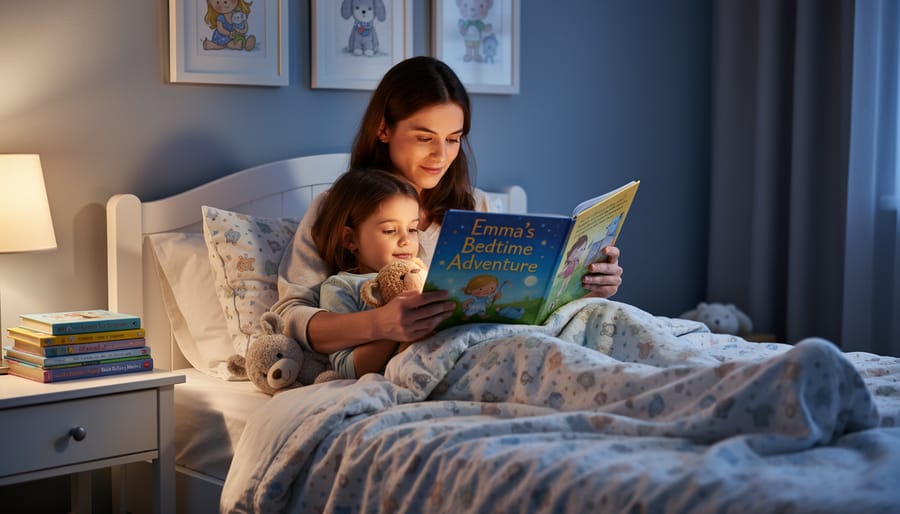 Child reading a personalized storybook in bed at night