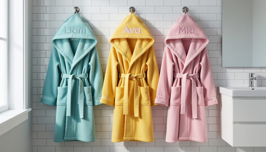 Hooded towel and bathrobe hanging in a bathroom
