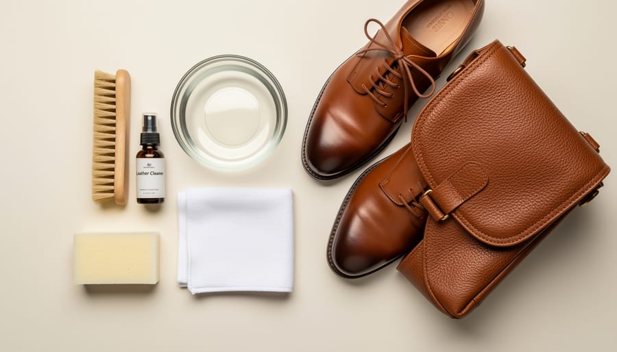 Leather cleaning supplies including microfiber cloths, a soft brush, and leather cleaner bottles on a towel