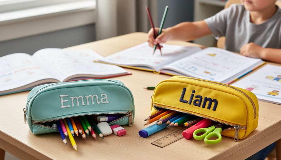 Pencil case with pencils and crayons organized on a desk