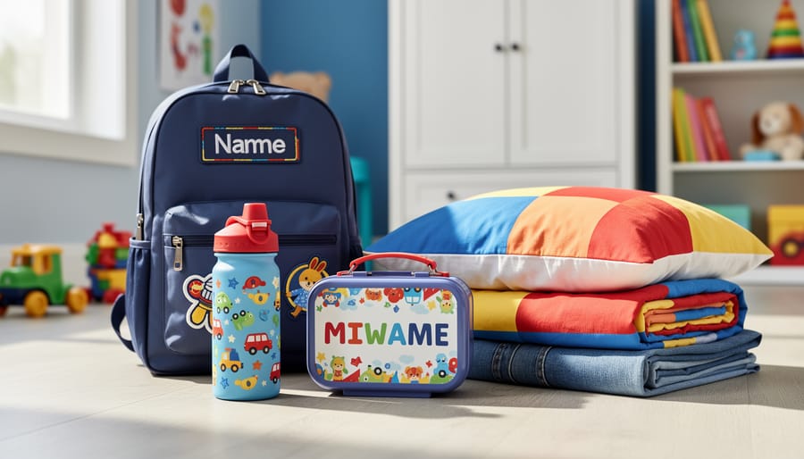 Close-up of neatly arranged children’s personalised everyday essentials—water bottle, embroidered backpack, lunch box, bedding, and folded clothing—in a bright room setting.