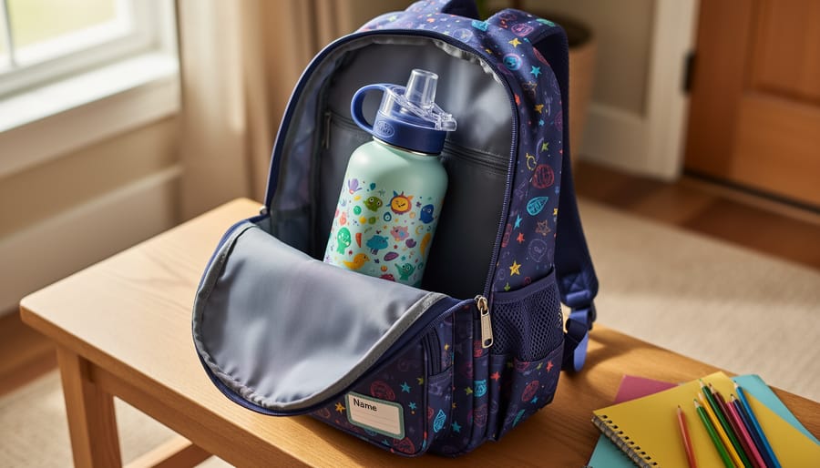 Personalized water bottle placed in a child’s backpack pocket