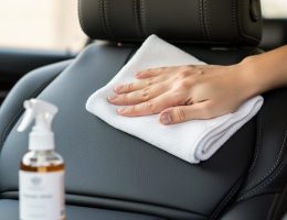 Close-up of a microfiber cloth cleaning a black leather car seat interior with a natural matte finish, with leather care products softly blurred in the background.