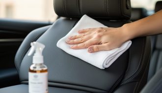 Close-up of a microfiber cloth cleaning a black leather car seat interior with a natural matte finish, with leather care products softly blurred in the background.
