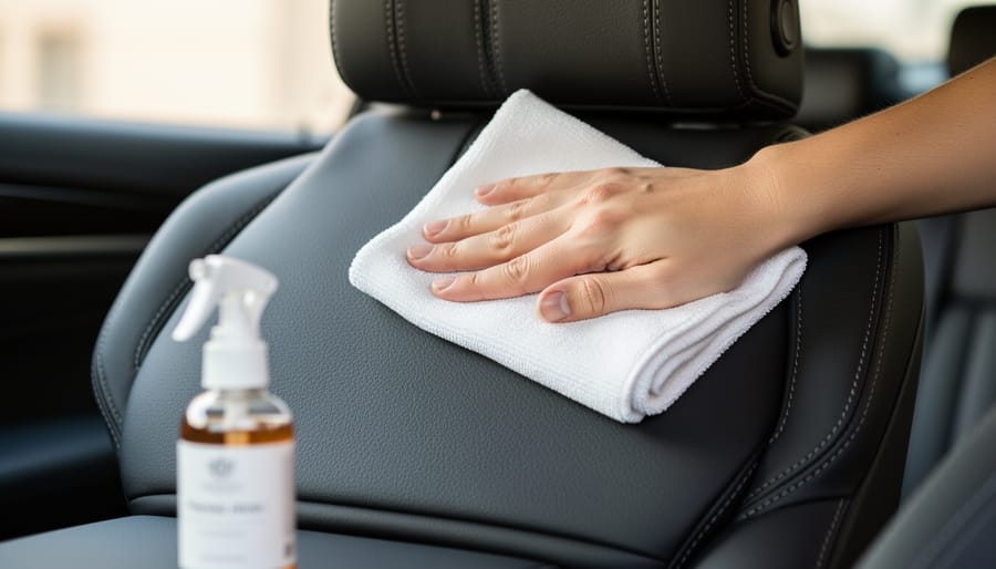 Close-up of a microfiber cloth cleaning a black leather car seat interior with a natural matte finish, with leather care products softly blurred in the background.