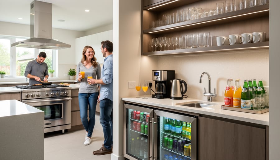 Beverage station with mini fridge, wine storage, ice bucket, and neatly arranged glassware in a modern kitchen.