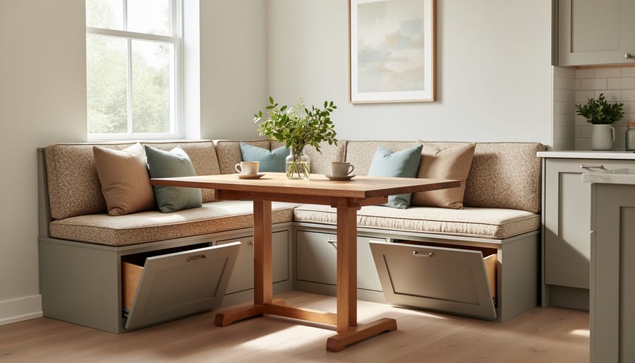 People relaxing at a built-in kitchen banquette with cushioned seating and storage drawers beneath.