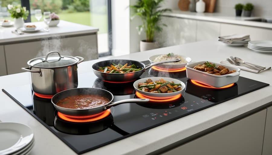 Stainless steel double ovens and a warming drawer with covered serving trays ready for dinner.