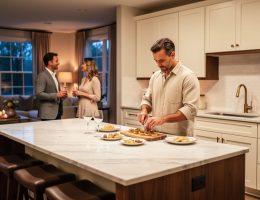 Host preparing appetizers on a kitchen island while guests mingle in an open-plan living area with clear sightlines.