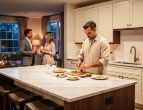 Host preparing appetizers on a kitchen island while guests mingle in an open-plan living area with clear sightlines.