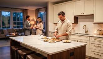 Host preparing appetizers on a kitchen island while guests mingle in an open-plan living area with clear sightlines.