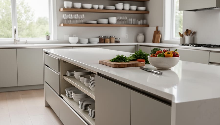 Large kitchen counter with staged ingredients and smart storage keeping the workspace clear.