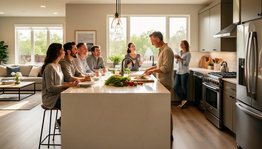 Guests seated at a kitchen island while the host serves food in an open-plan kitchen.