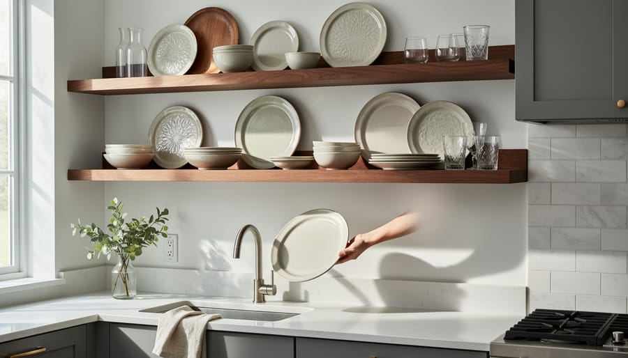 Open kitchen shelves displaying serving platters and bowls for easy access.