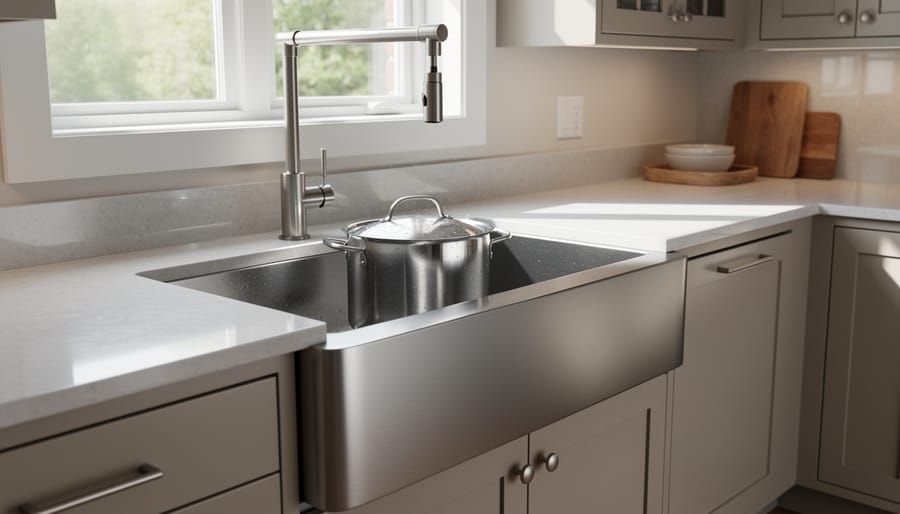 Oversized kitchen sink with pot filler faucet and a large stockpot being rinsed.