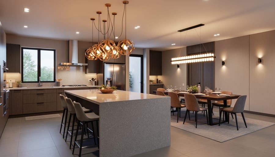 Warm pendant lights over a kitchen island with a softly set dining area in the background.