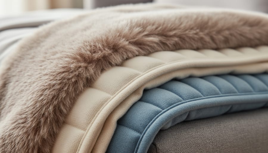 Close-up of folded lingerie pieces on a bed with soft lighting