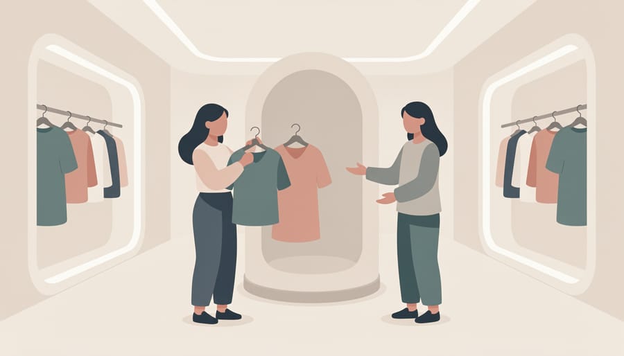 Over-the-shoulder view of a lingerie fitting area with garment rack and accessories in a softly lit space